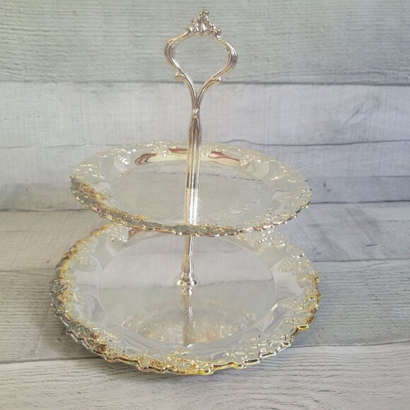 Two-Tiered Glass Serving Tray With Gold Trim & Ornate Handle By Michael C. Fina - Picture 2 of 10